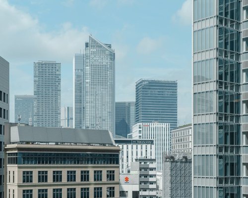 view of a professional business district in Madrid with glass buildings